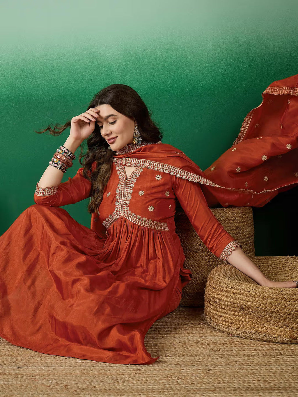 Lorenvalley Rust Muslin Silk Embroidered work Kurta Set - Distacart