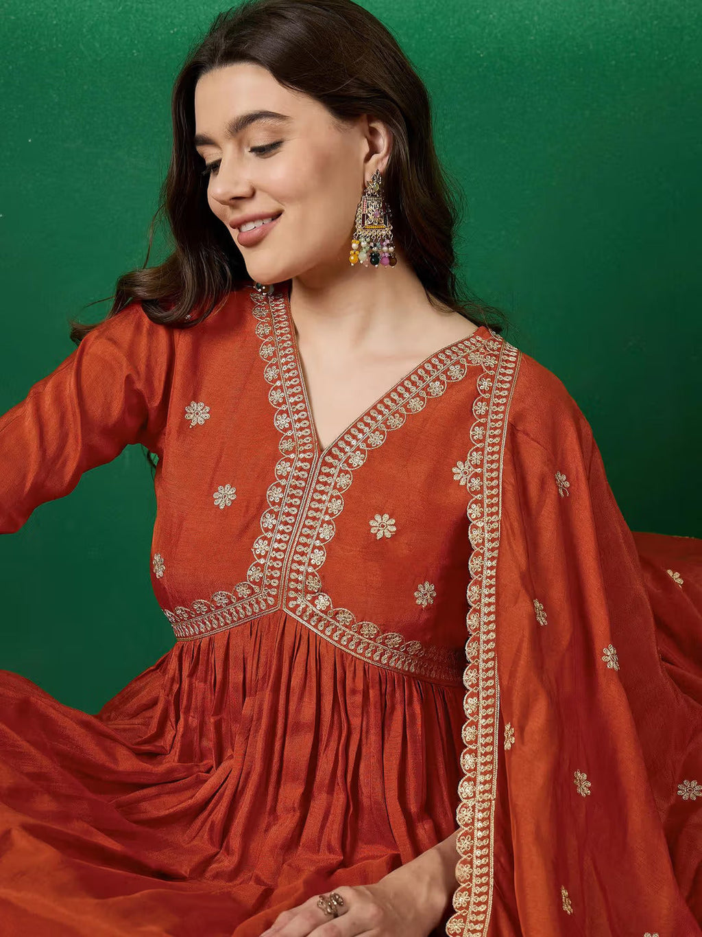 Lorenvalley Rust Muslin Silk Embroidered work Kurta Set - Distacart