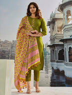 Lorenvalley Green Muslin Cotton Embroidered With Printed Border Kurta Set - Distacart