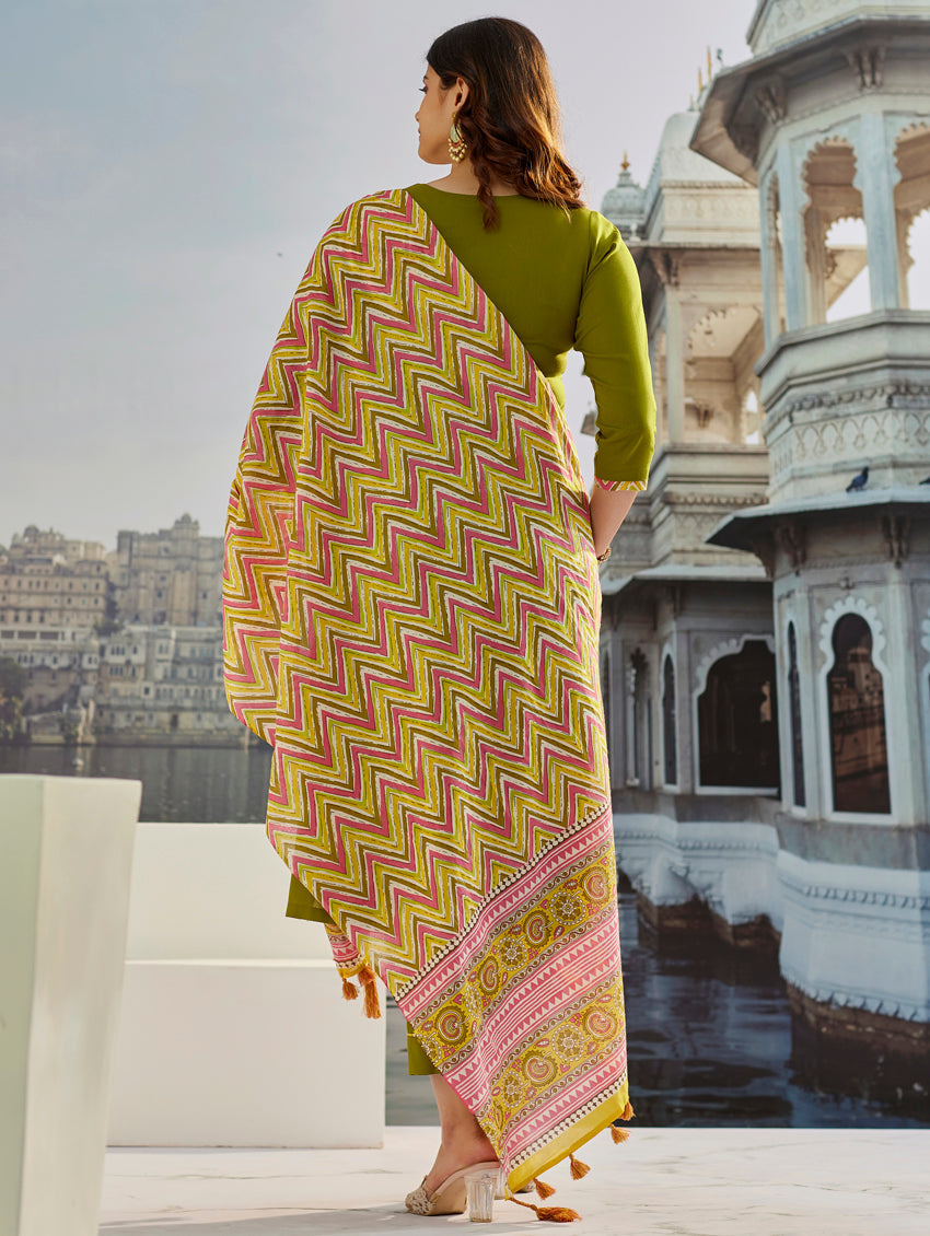 Lorenvalley Green Muslin Cotton Embroidered With Printed Border Kurta Set - Distacart