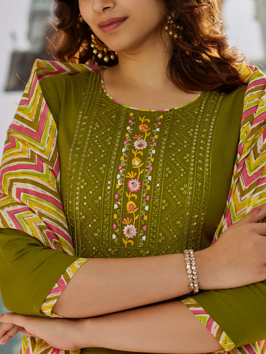 Lorenvalley Green Muslin Cotton Embroidered With Printed Border Kurta Set - Distacart