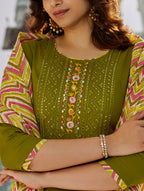 Lorenvalley Green Muslin Cotton Embroidered With Printed Border Kurta Set - Distacart