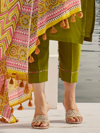 Lorenvalley Green Muslin Cotton Embroidered With Printed Border Kurta Set - Distacart