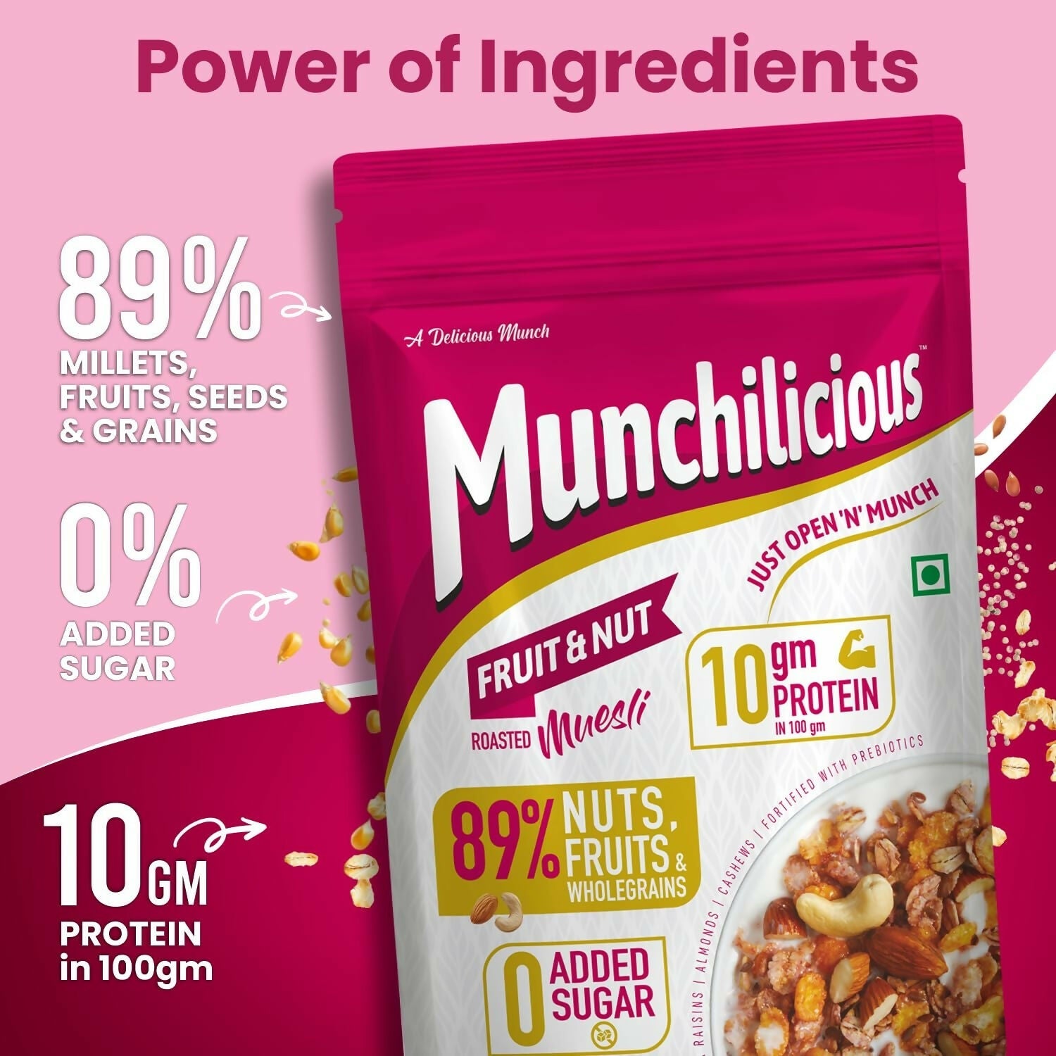Munchilicious Muesli - Fruit & Nut, 75% Nuts, Grains, Seeds, Fruits & Berries