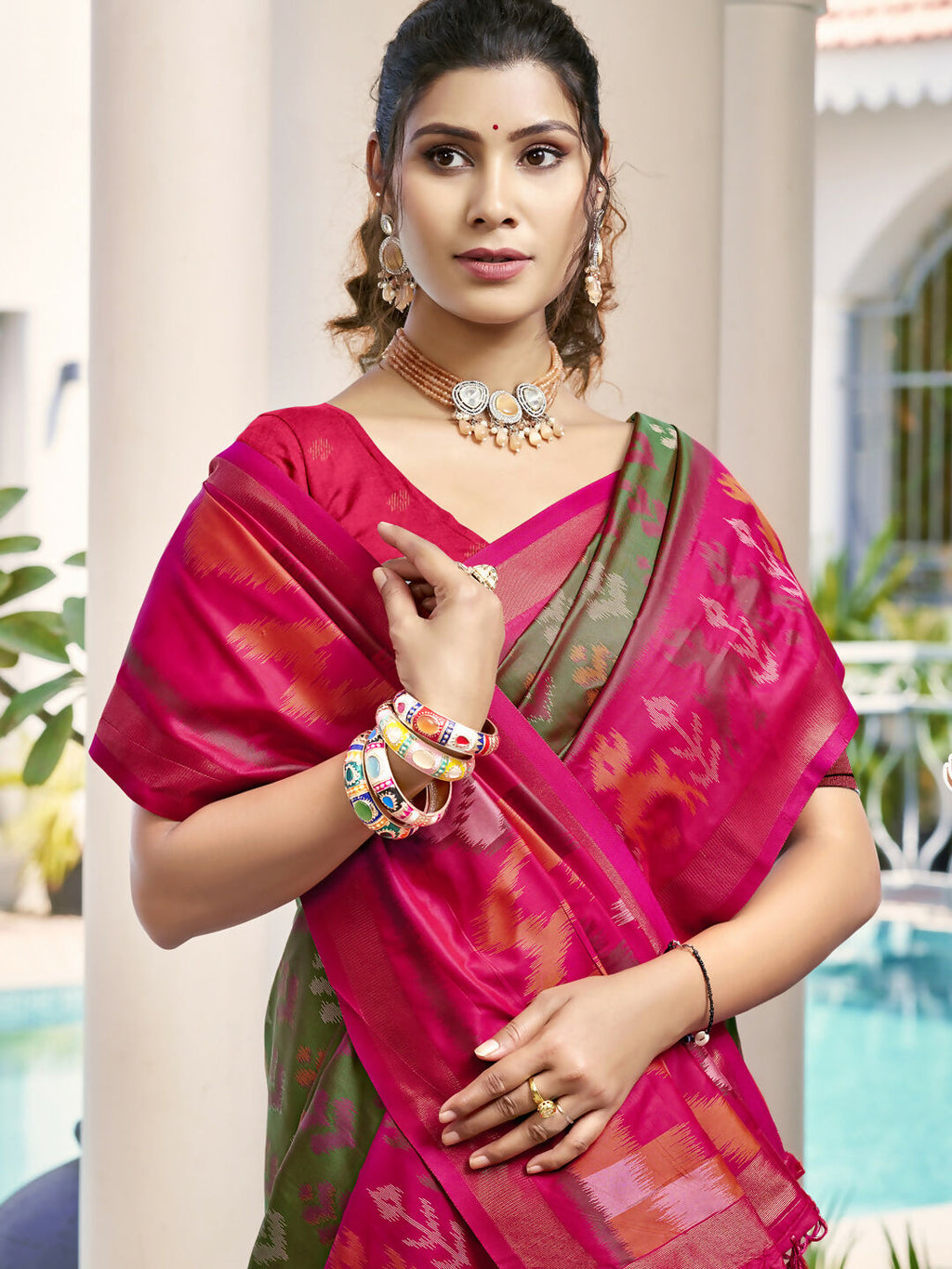 Shree Shyam Fashion Pochampalli Silk Olive Green Saree - Distacart