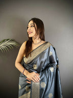 Joban Fashion Grey Floral Jacquard Woven Design Cotton Silk Banarasi Silk Saree - Distacart