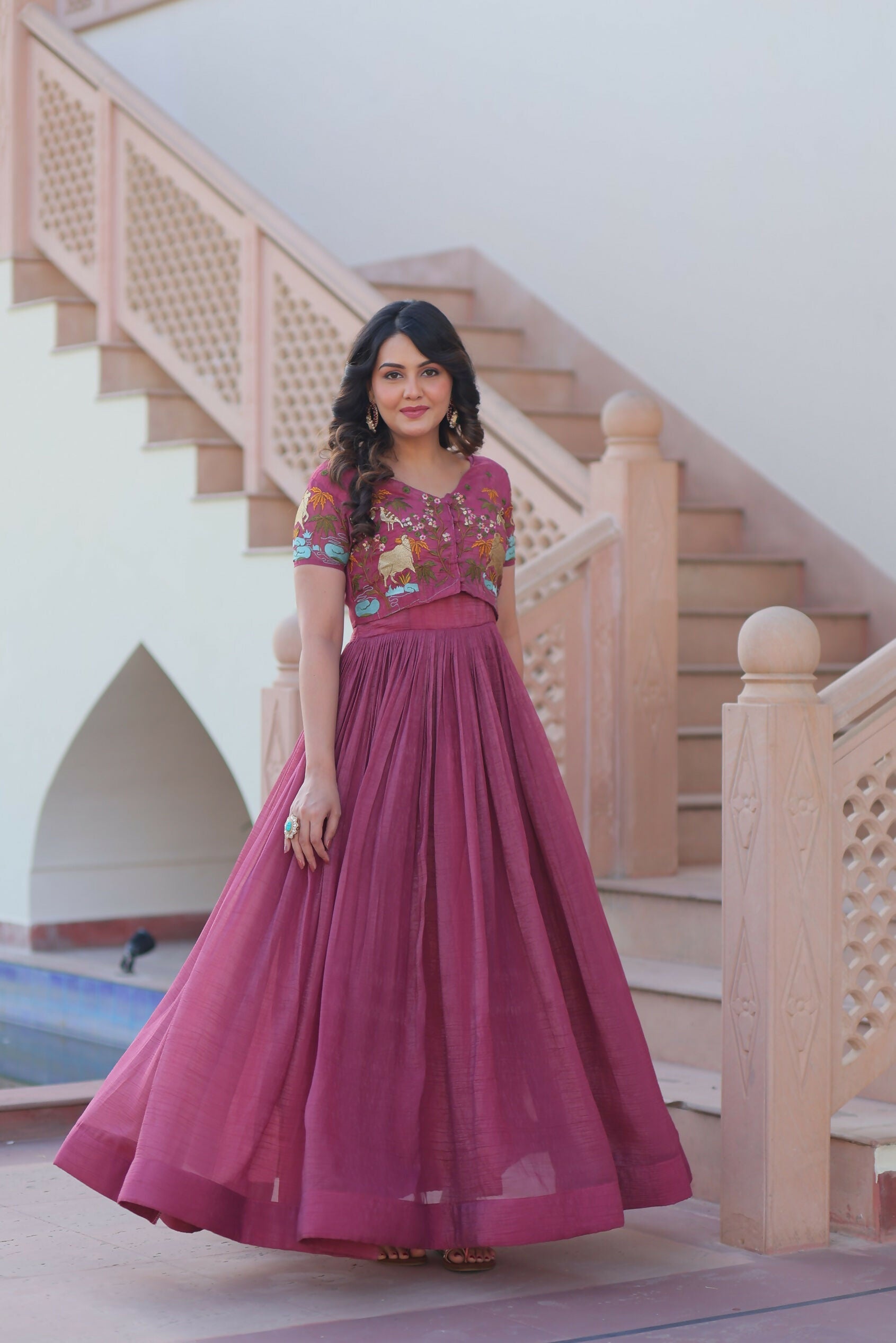 Joban Fashion Pink Crunchy Fabric Sequence Embroidery Work Kurta Set - Distacart