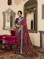 Vastranavya Maroon Poly Cotton Kalamkari Printed Saree with Unstitched Blouse