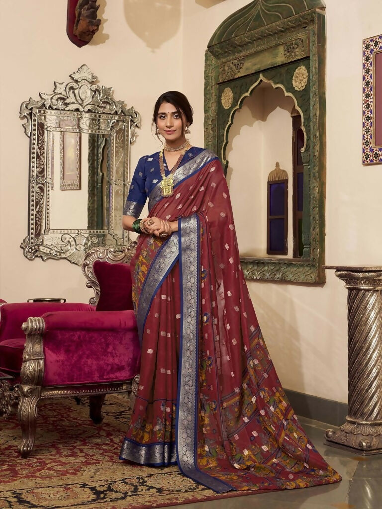 Vastranavya Maroon Poly Cotton Kalamkari Printed Saree with Unstitched Blouse