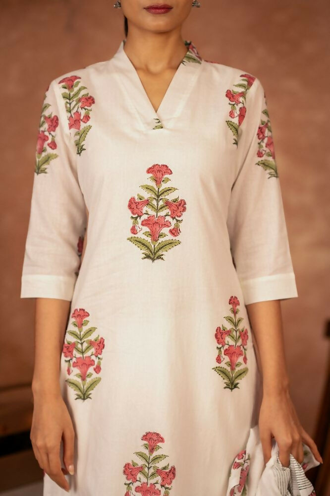 Joban Fashion Off White Pink Hand Block Printed Cotton Suit Set - Distacart