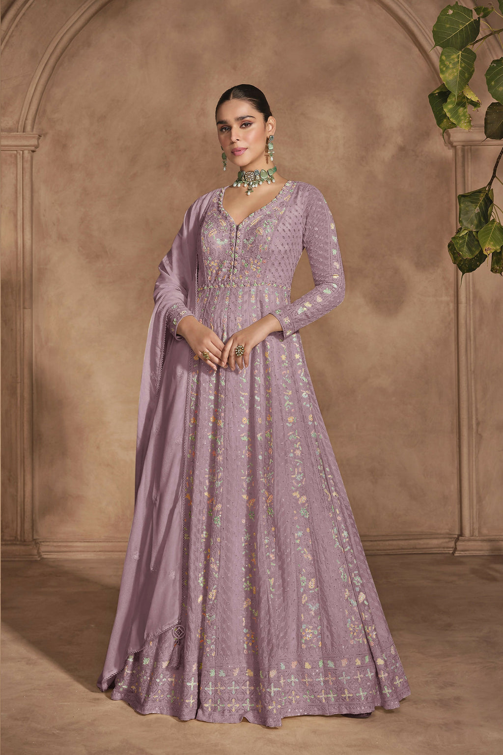 Vastranavya Mauve Chikankari Embroidered Sequence Work Abaya Suit