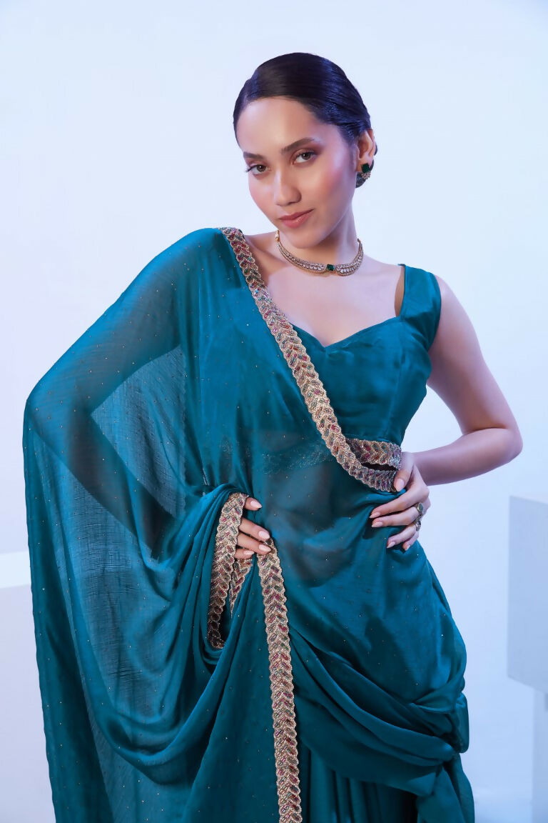 Firozi Satin Chiffon Solid Designer & Lace Work Saree - Samaa