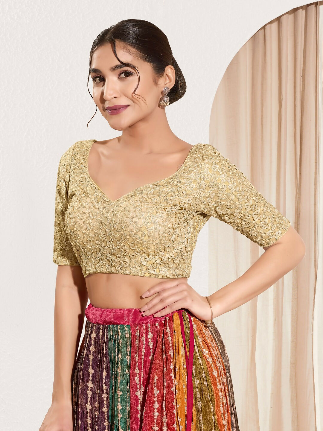 Joban Fashion Gold Crochet Padded Blouse With Sweetheart Neck Elbow Sleeves - Distacart