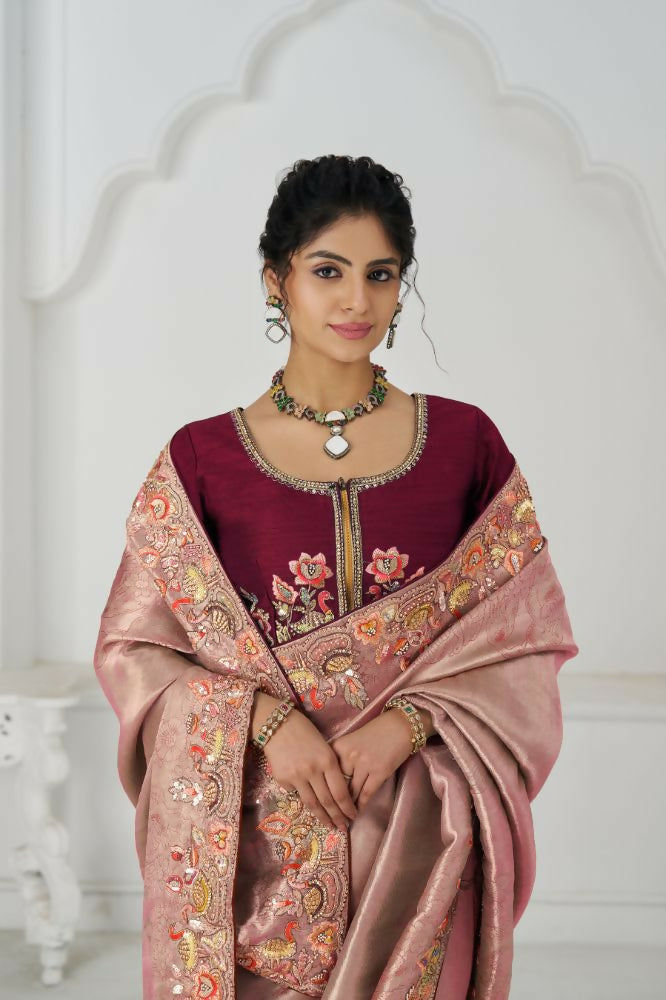Kesar Fab Prettt Pink Color With Multi-Thread And Sequins Embroidery For Wedding Saree