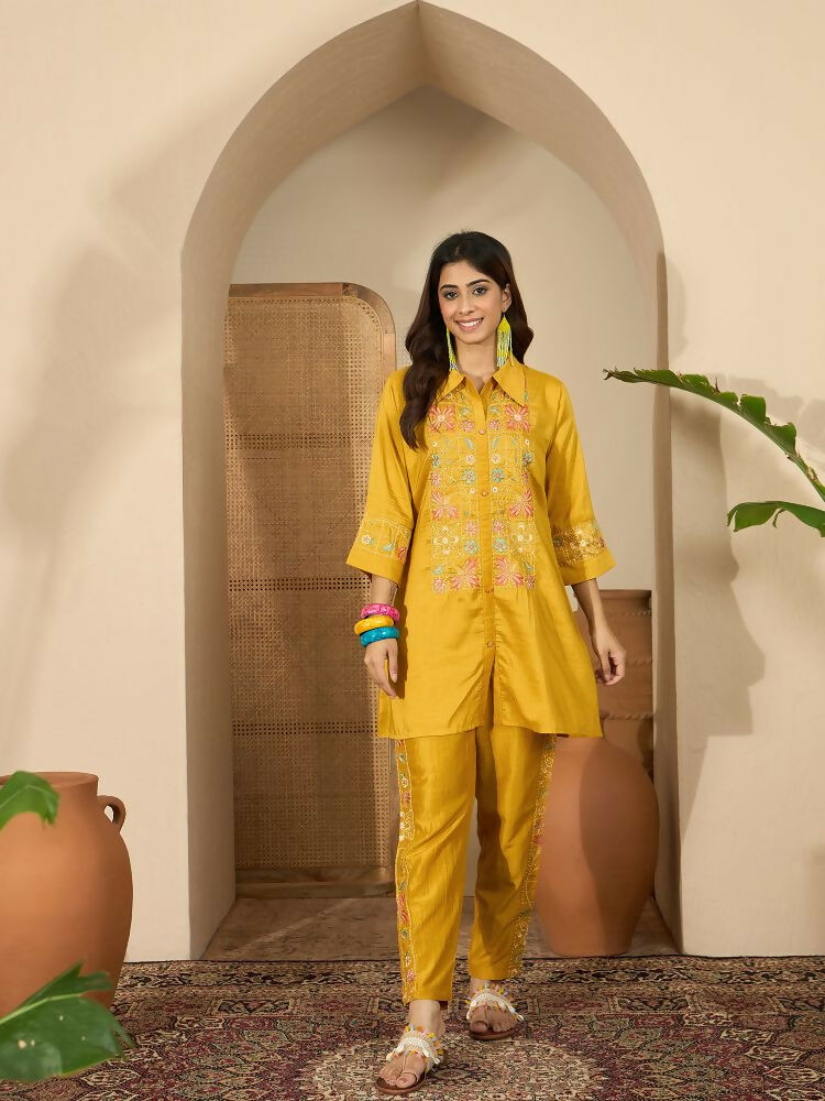 Joban Fashion Women Mustard Roman Silk Embroidered Stitched Kurta Set - Distacart