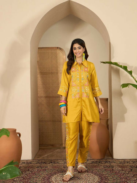 Joban Fashion Women Mustard Roman Silk Embroidered Stitched Kurta Set
