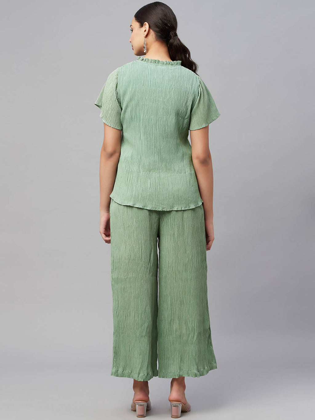 Myshka Women Green Chiffon Round Neck Top Palazzo Set - Distacart