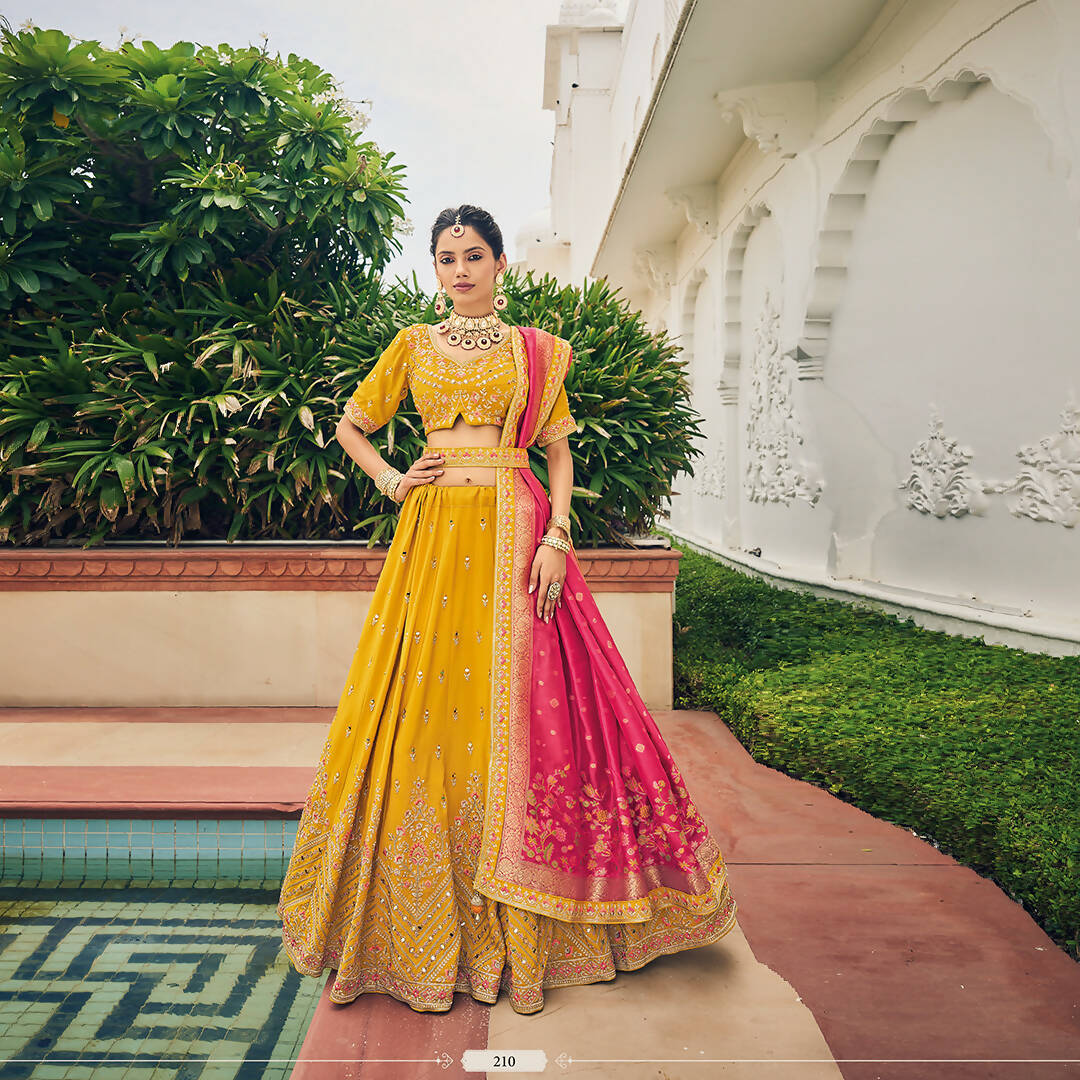 Yellow Heavy Viscose Khatli, Embroidery & Mirror Work Unstitched Lehenga Choli - Sisha Keshav
