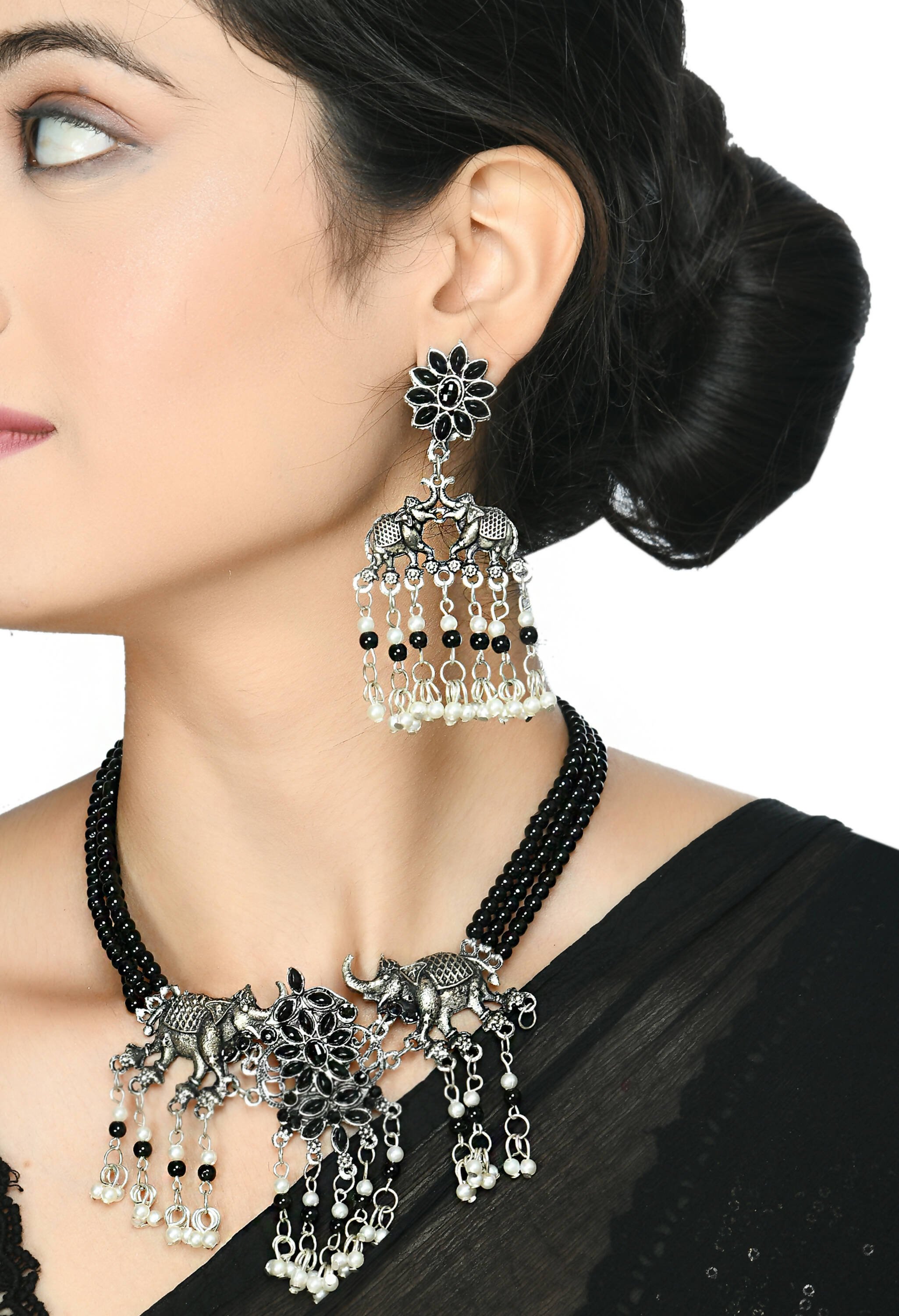 Mominos Fashion Johar Kamal Silver-Plated Brass Finish Elephant Desgin Choker For Women (Black) - Distacart