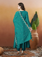 The52 Rama Women's Beautiful Vichitra Silk Fabric Embroidered Work Flared Anarkali Pant and Dupatta Set - Distacart
