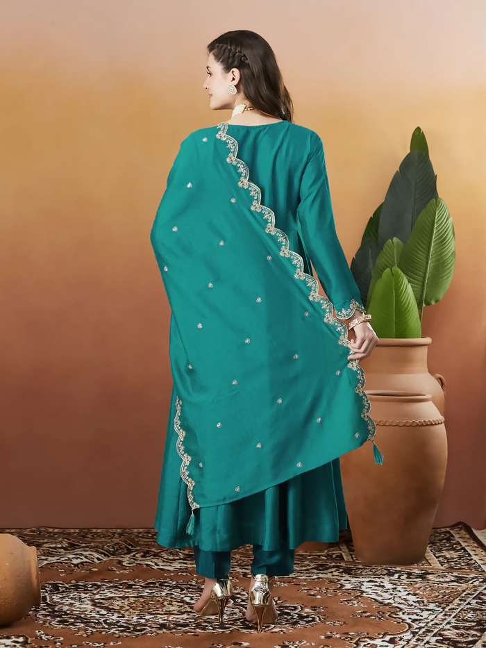 The52 Rama Women's Beautiful Vichitra Silk Fabric Embroidered Work Flared Anarkali Pant and Dupatta Set - Distacart