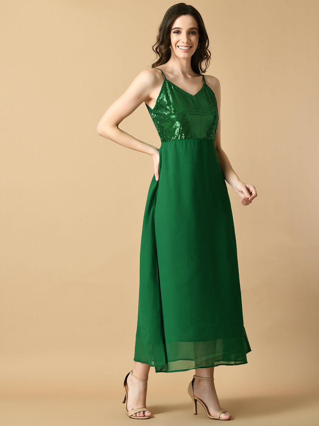 Myshka Women's Green Solid Georgette Party Dress - Distacart