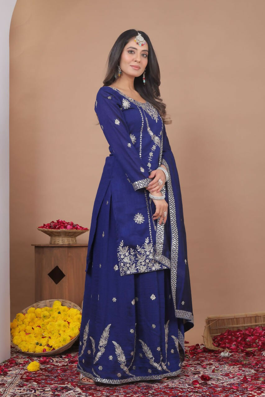 Teeya Creation Blue Color Vichitra Silk Embroidery Work Wedding Wear Palazzo Set - Distacart