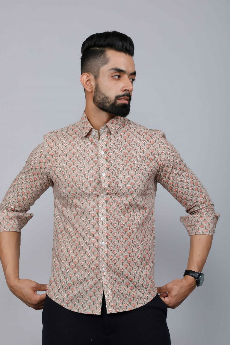 Miravan Men's Beige Pure Cotton Handblock Floral Print Shirt
