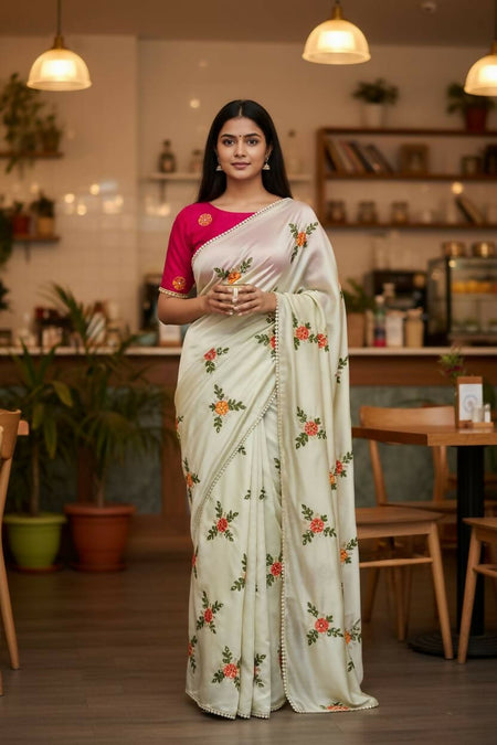 Teeya Creation Cream Rangoli Silk Embroidery Work Party Wear Designer Saree