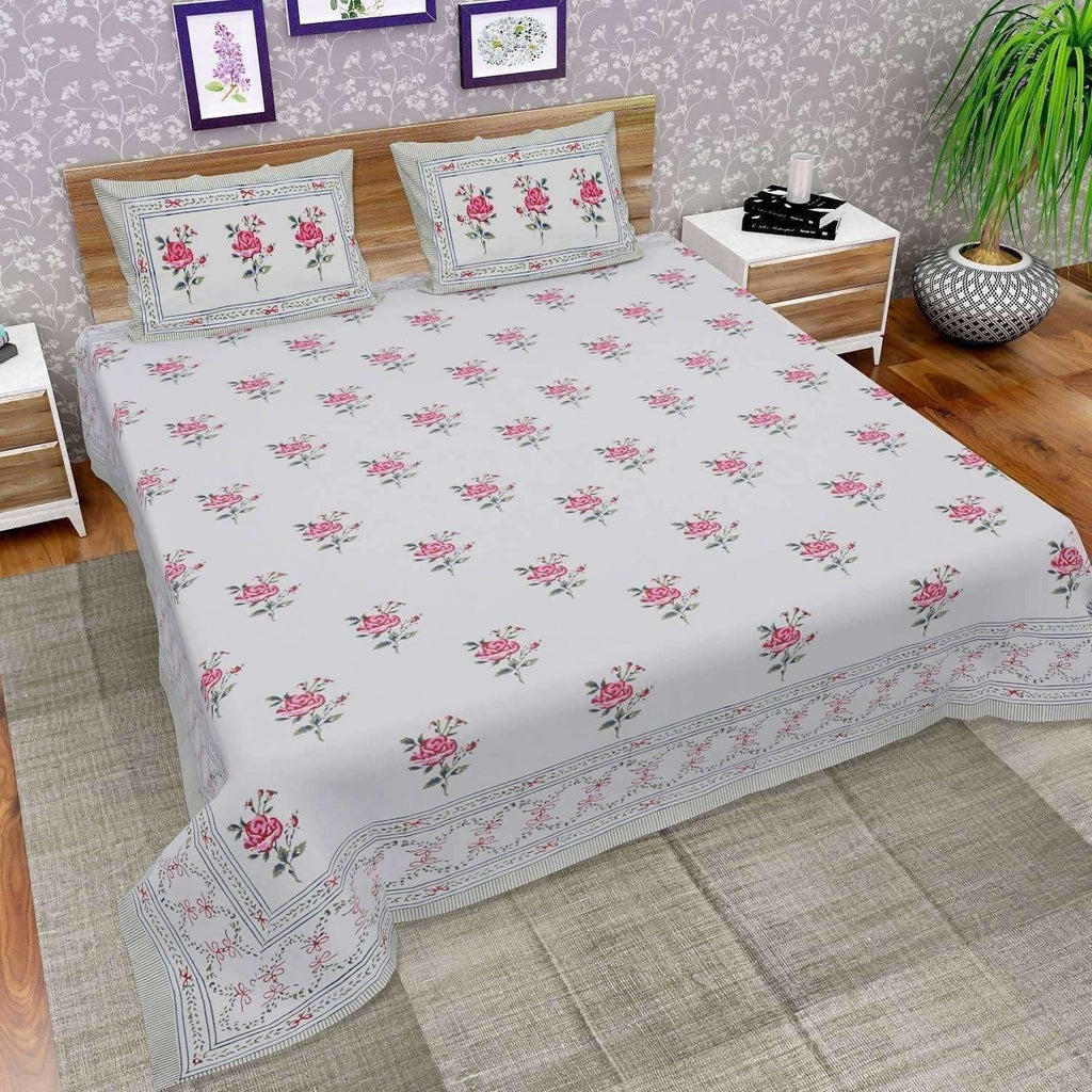 Hand Block Printed Double/Queen 90x108 Inches Bedsheet/Bedspread with 2 Pillow Covers