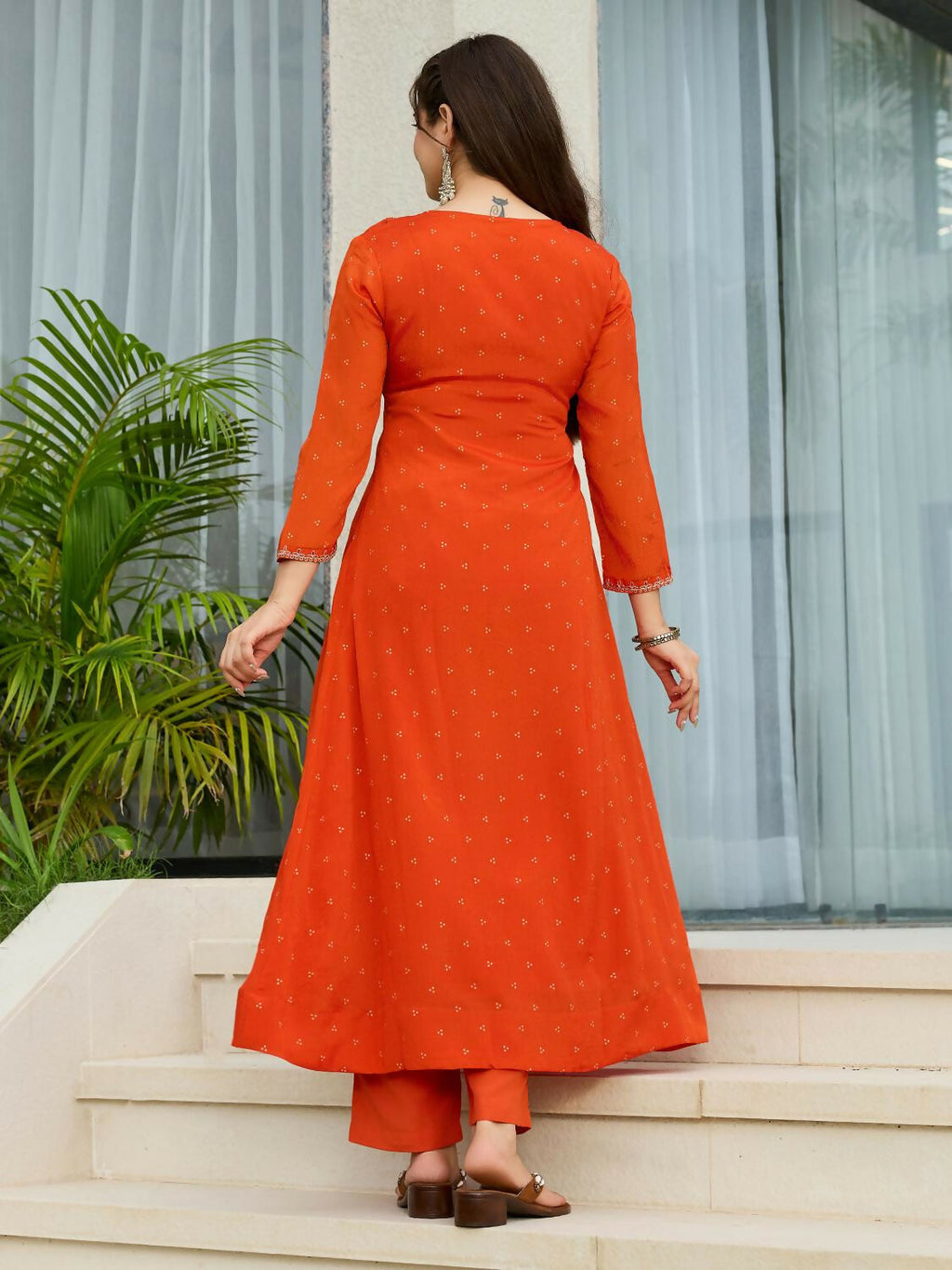 The52 Orange Women's Gorgeous Embroidered Chinon Fabric Flared Kurta Pant and Dupatta Set - Distacart