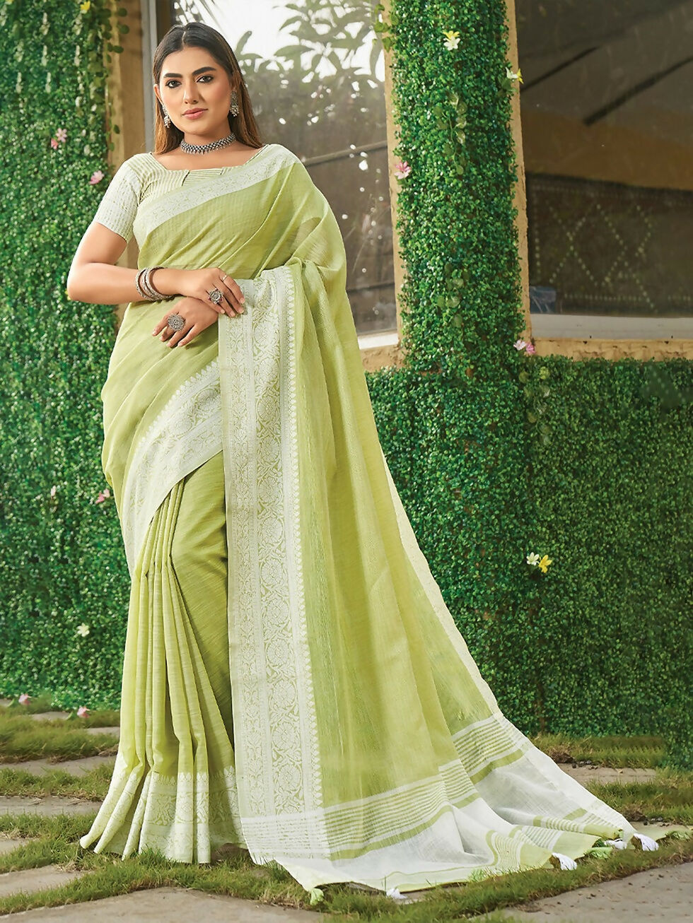 Shree Shyam Fashion Lime Green Linen Saree - Distacart