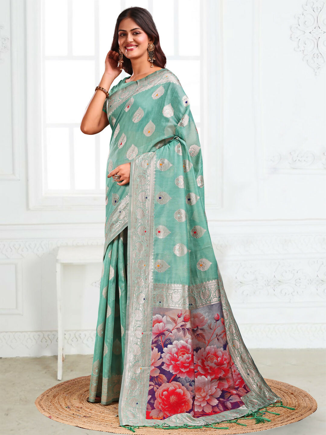 Shree Shyam Fashion Linen Cotton Rama Green Saree - Distacart