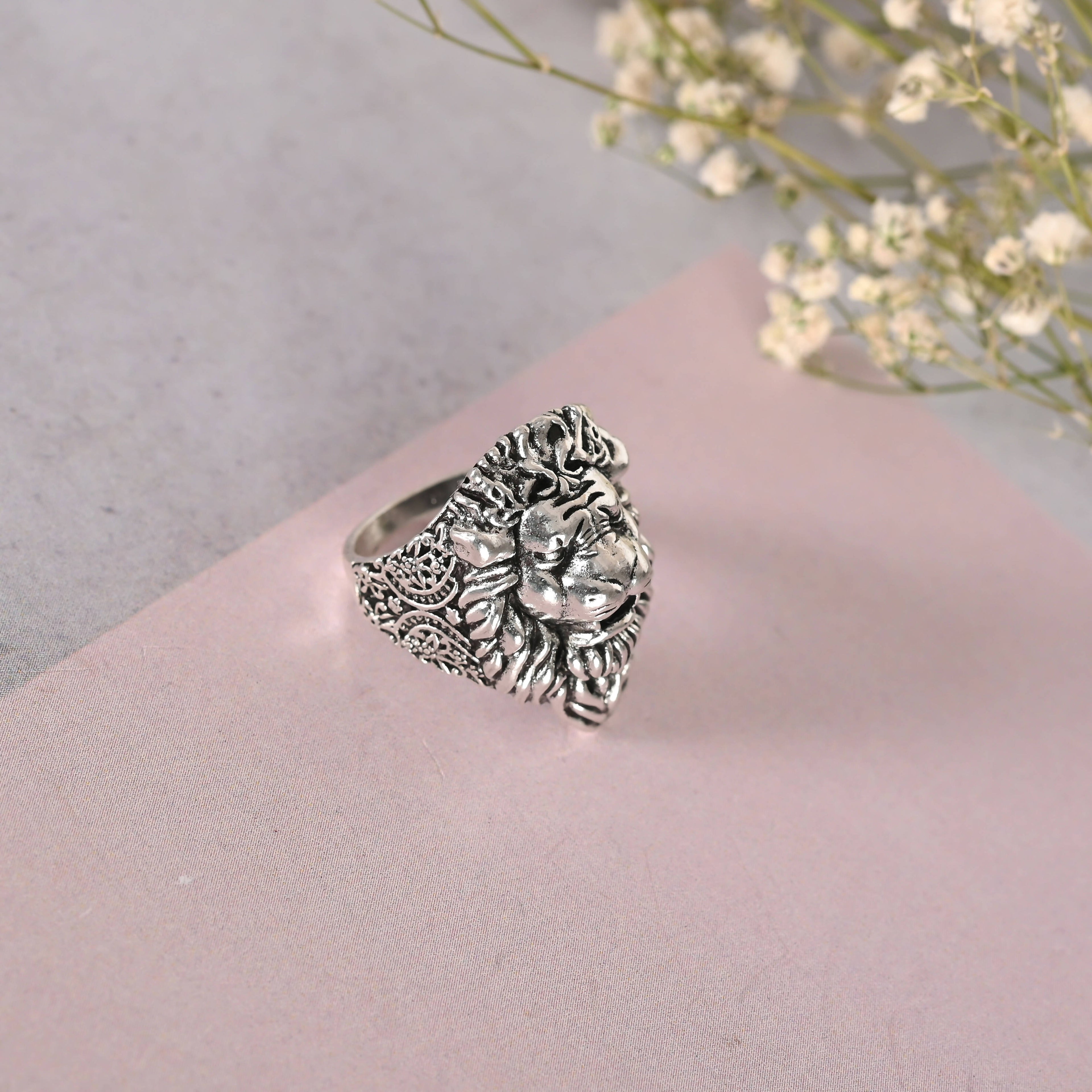 NVR Men Silver-Plated Lion Face Finger Ring