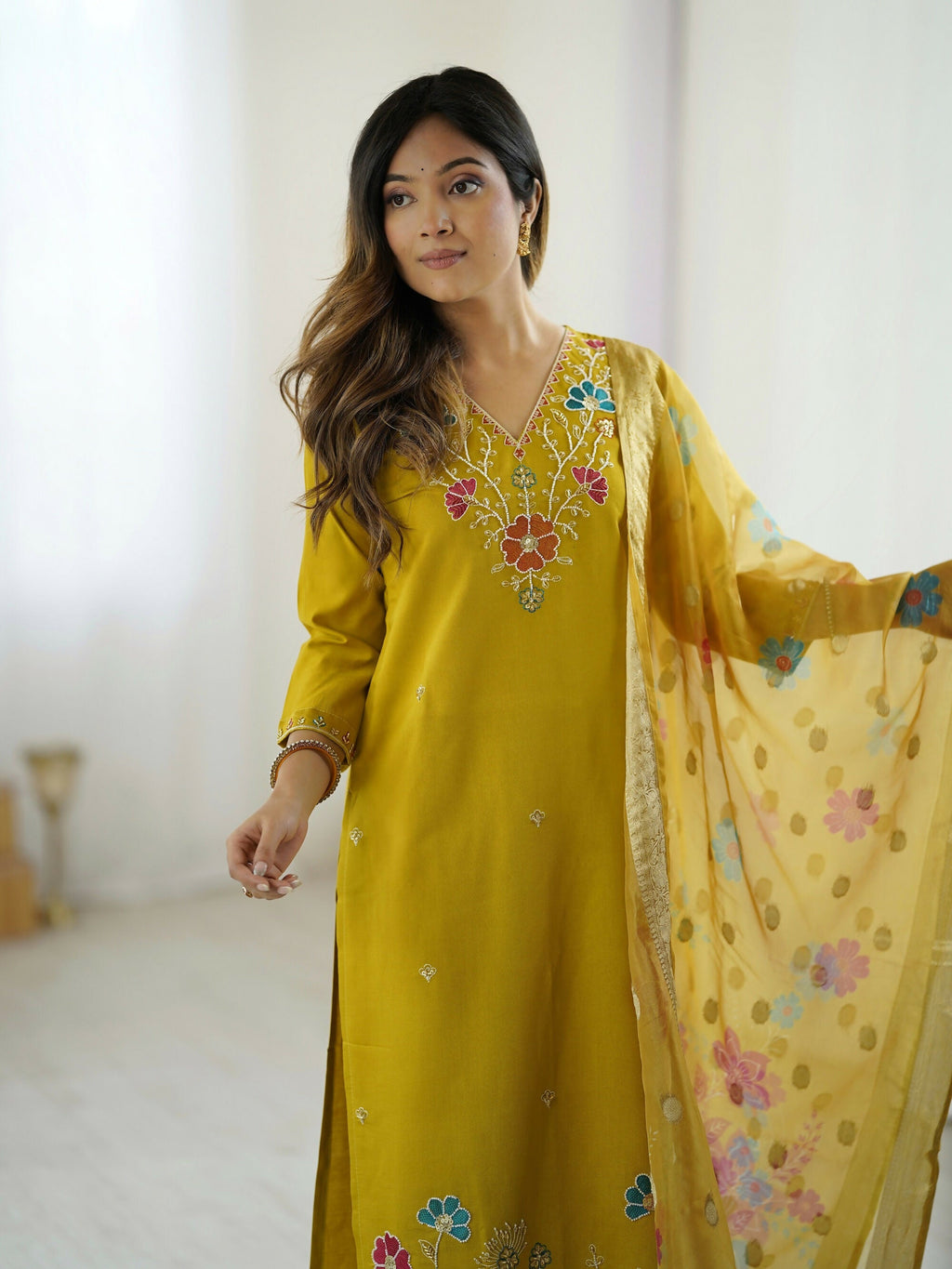 The52 Yellow Women's Gorgeous Embroidered work Viscose Gadhwal Fabric Straight Kurta, Pant and Dupatta Set - Distacart