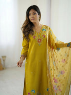 The52 Yellow Women's Gorgeous Embroidered work Viscose Gadhwal Fabric Straight Kurta, Pant and Dupatta Set - Distacart