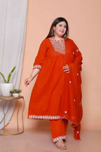 Miravan Womens Plus Size Floral Embroidered Rust Straight Cotton Kurta & Palazzo With Dupatta Set - Distacart