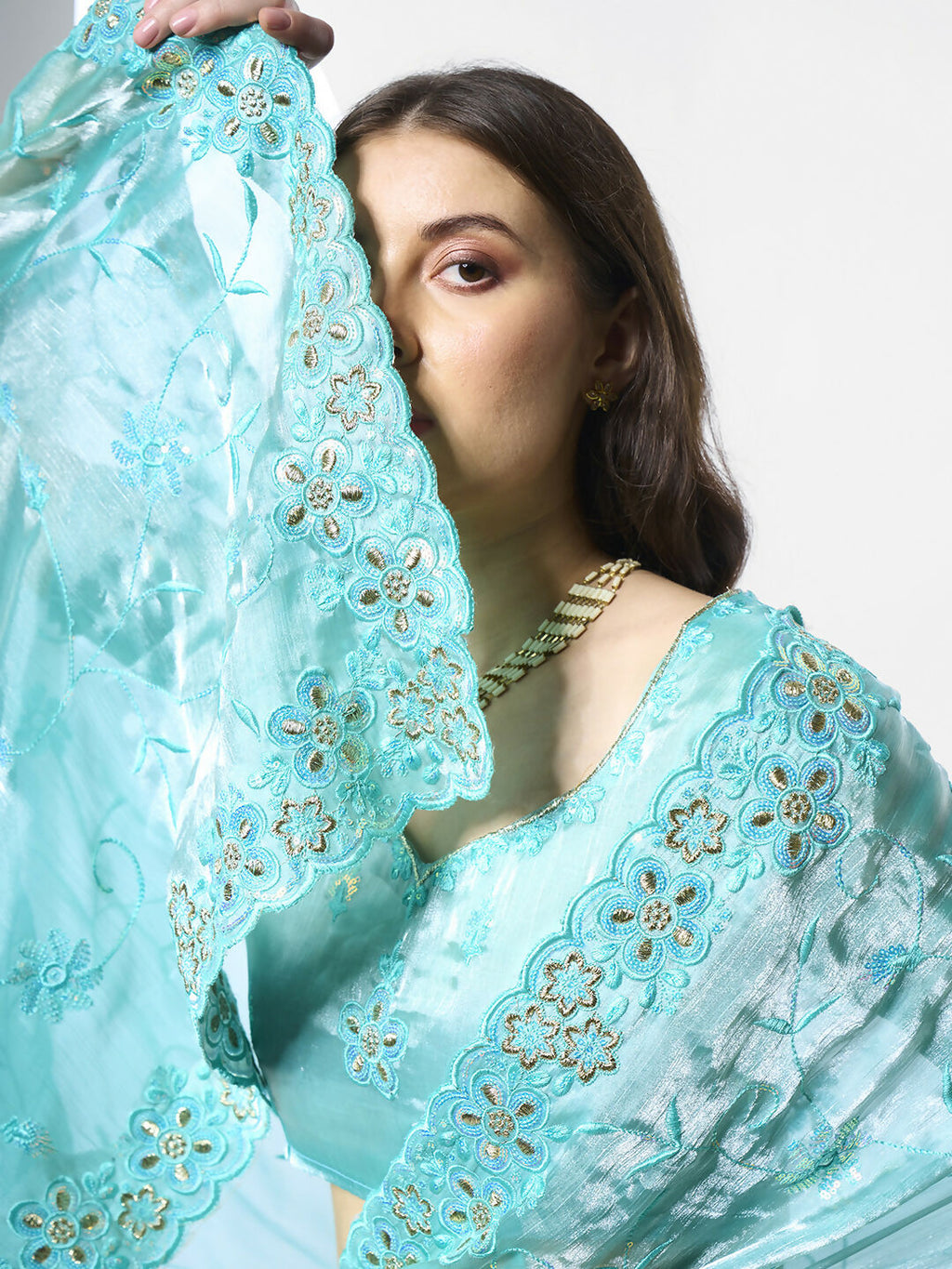 Blue Burburry silk Designer Embroidery Work Saree - Shezlin