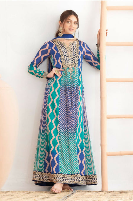 Anaita Blue Chinon Stitched Anarkali Suits With Embroidery & Sequence Work