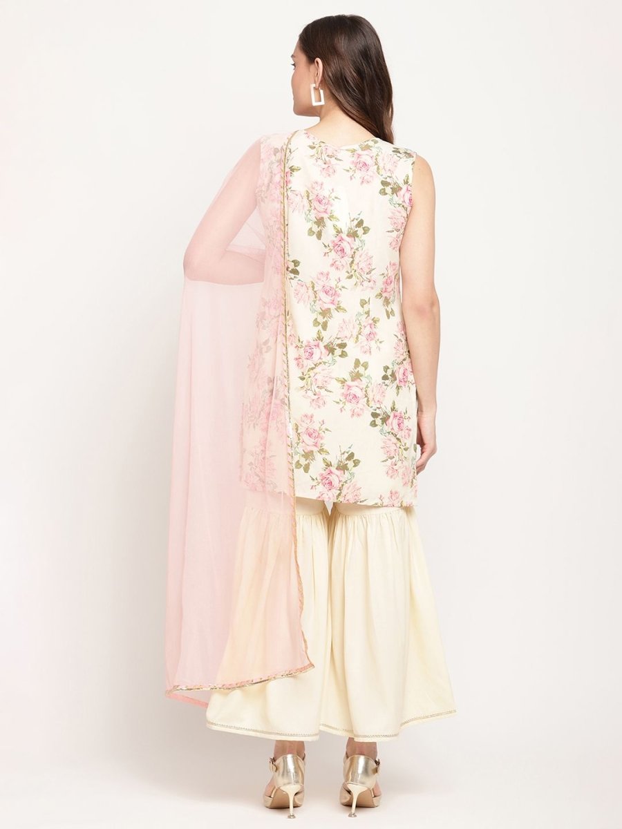 Ahalyaa Women's Beige Crepe Digital Floral Print Kurta Sharara Set with Dupatta - Distacart