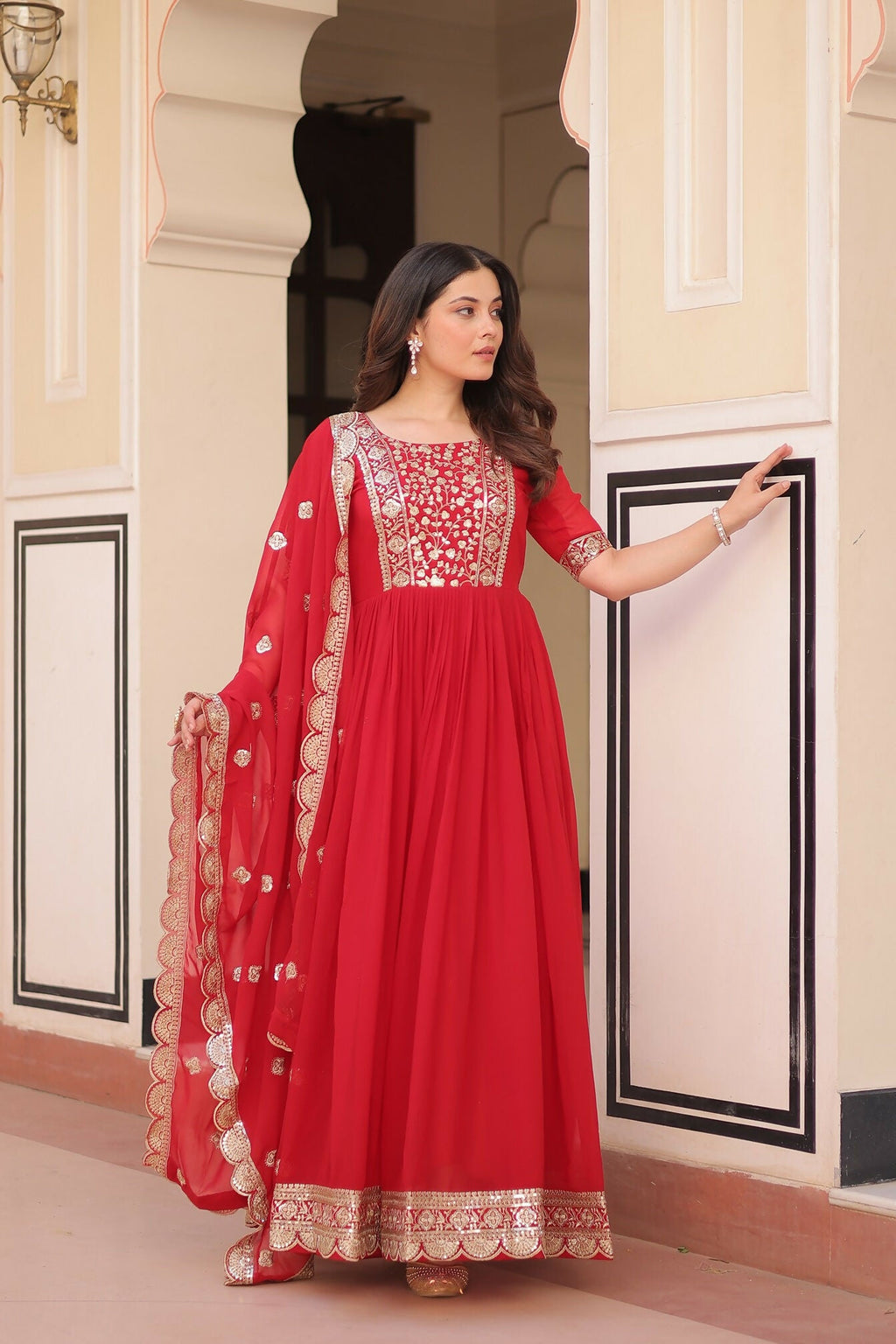 Joban Fashion Red Georgette Sequence Embroidery Work Kurta Set - Distacart