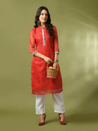 Myshka Women's Red Printed Cotton Blend Straight Party Kurta Set