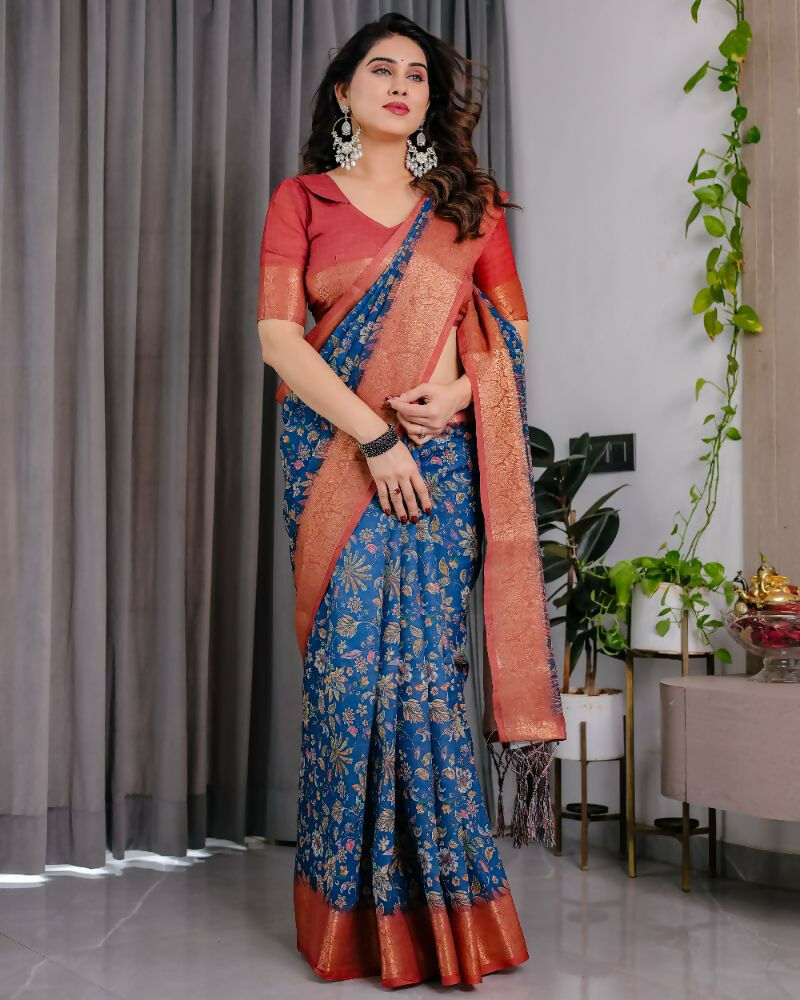 PR Fashion Blue Pure Handloom Linen Saree