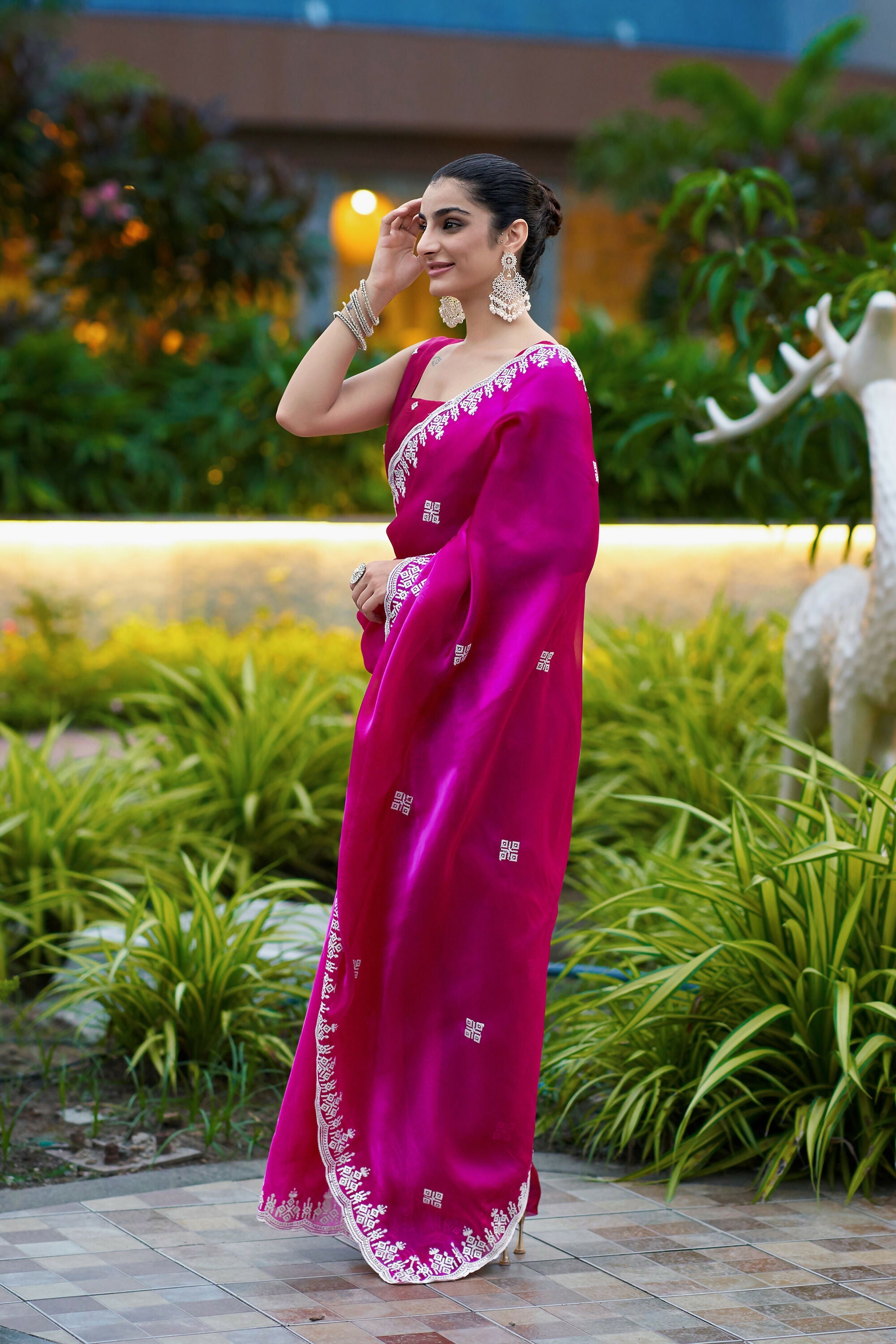 Vastranavya Pink Embroidery Work Shimmer Chiffon Saree with Unstitched Blouse - Distacart