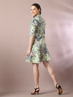 Myshka Women's Green Printed Shirt Collar Fit and Flare Party Dress - Distacart