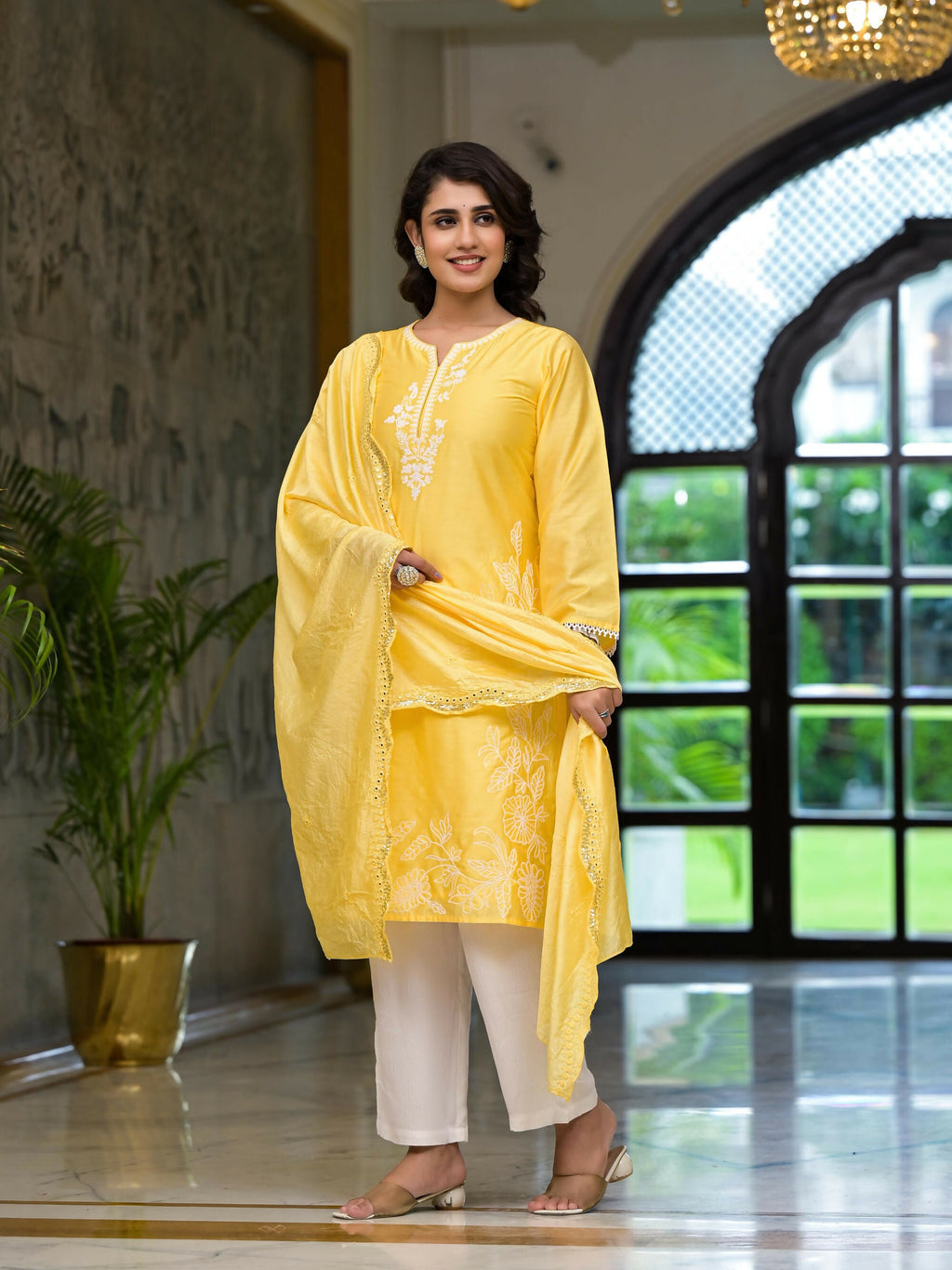 Juniper Women's Yellow Thread Embroidered Viscose Kurta Palazzo And Dupatta Set With Thread & Mirror Work