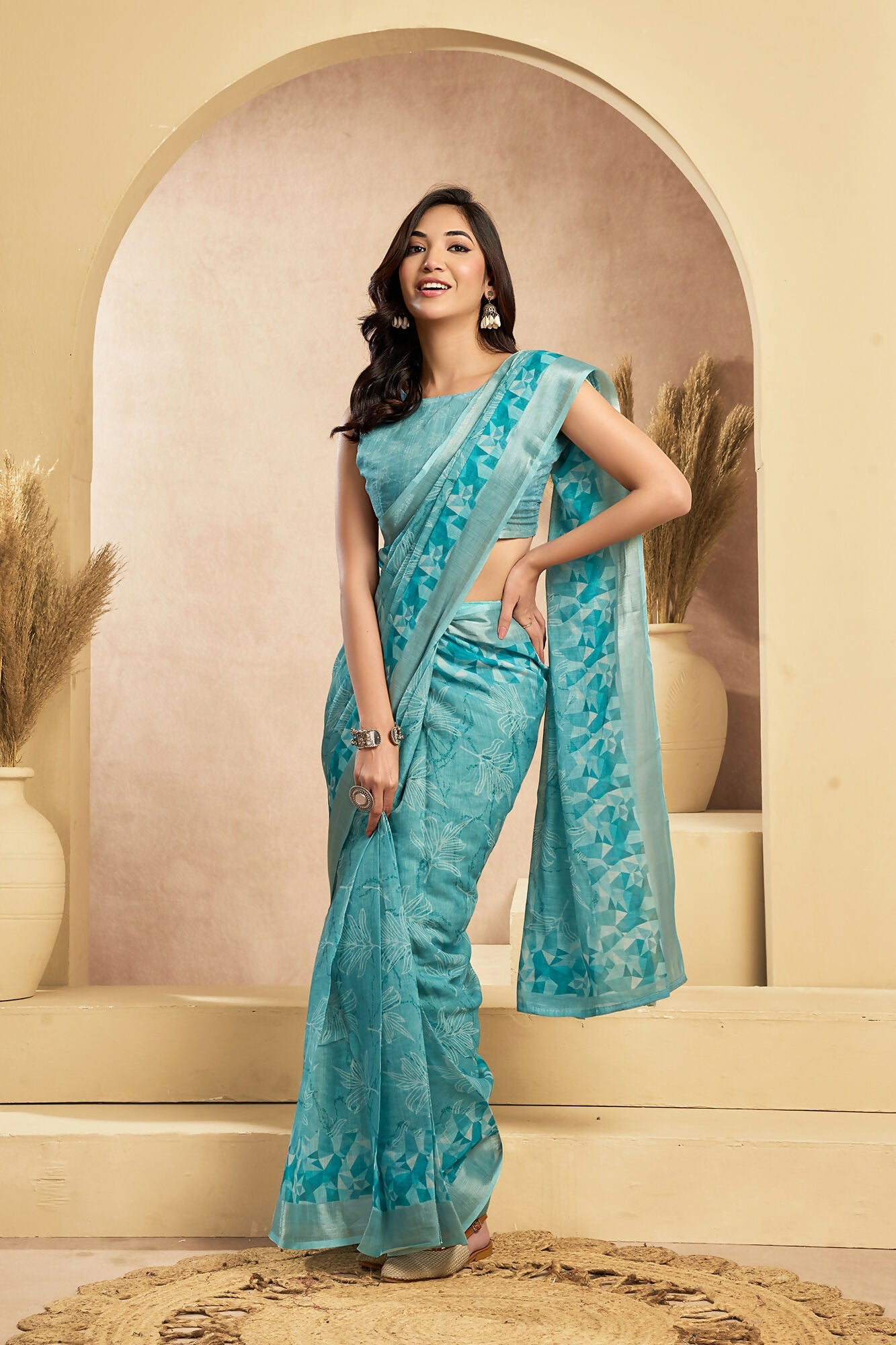 Vastranavya Sky Blue Digital Printed Linen Ready To Wear Designer Saree with Unstitched Blouse - Distacart