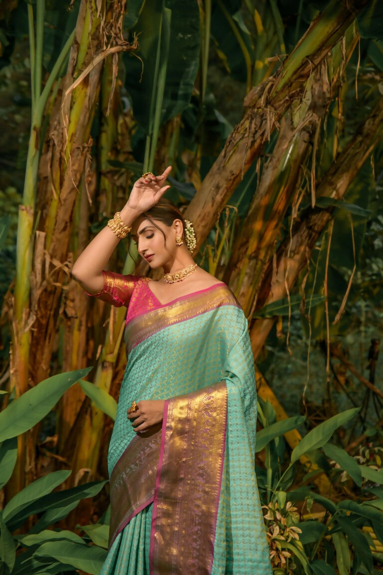 Jyoti Fashion Women's Sky Blue Kanjivaram Silk Zari Woven Saree with Blouse - Distacart