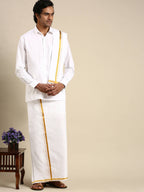 Ramraj Cotton Premium Wedding White Regular Dhoti, Shirt & Towel Set Arathi 1/2"
