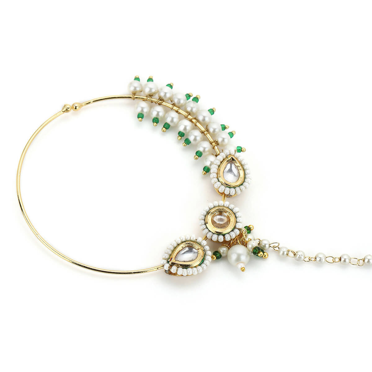 Gold-Plated White Kundan Studded Pearl Beaded Nose Pin - Ruby Raang - Distacart